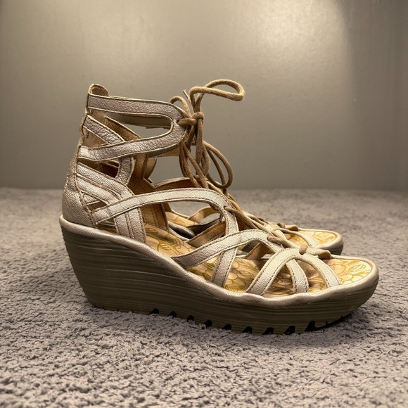 Fly London Yuke Wedge Sandals Womens Size 38 Leather Lace Up Gladiator Shoes - Picture 2 of 11